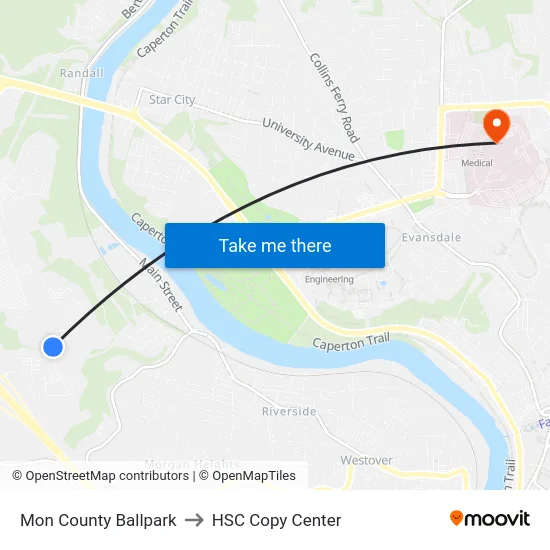 Mon County Ballpark to HSC Copy Center map