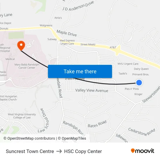 Suncrest Town Centre to HSC Copy Center map