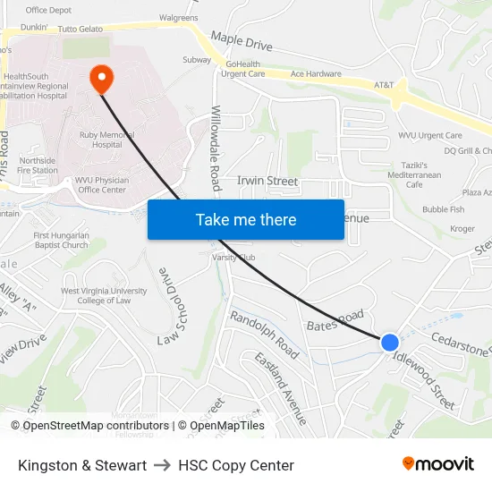 Kingston & Stewart to HSC Copy Center map