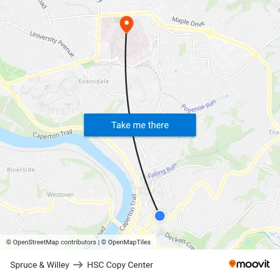 Spruce & Willey to HSC Copy Center map