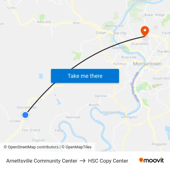 Arnettsville Community Center to HSC Copy Center map