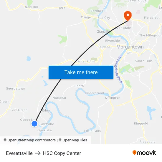 Everettsville to HSC Copy Center map