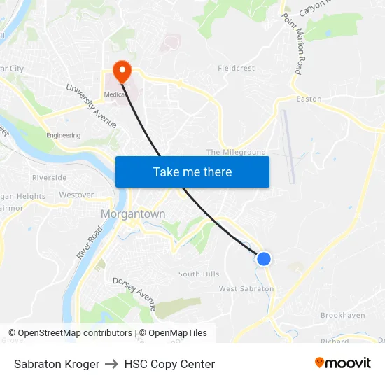 Sabraton Kroger to HSC Copy Center map
