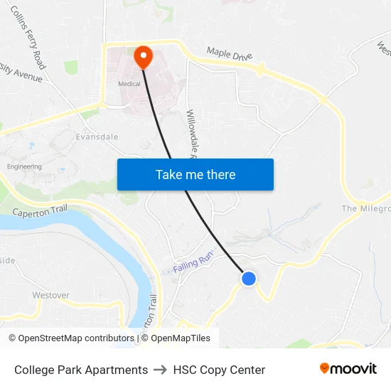 College Park Apartments to HSC Copy Center map