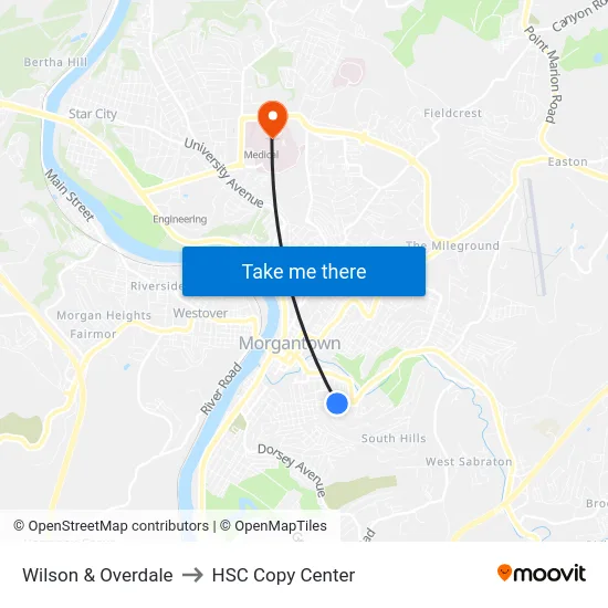 Wilson & Overdale to HSC Copy Center map
