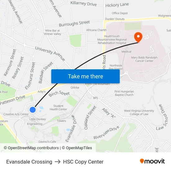 Evansdale Crossing to HSC Copy Center map