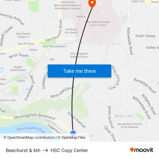Beechurst & 6th to HSC Copy Center map