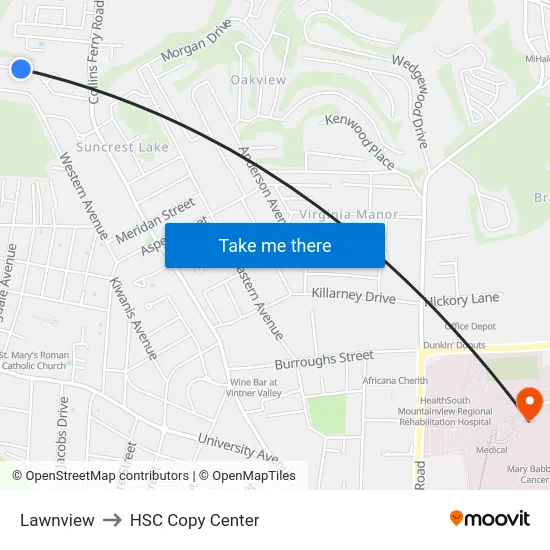 Lawnview to HSC Copy Center map