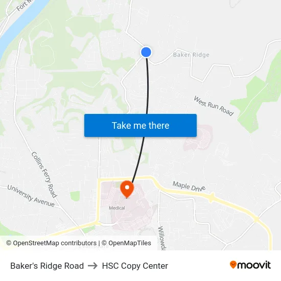 Baker's Ridge Road to HSC Copy Center map