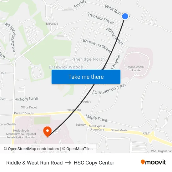 Riddle & West Run Road to HSC Copy Center map