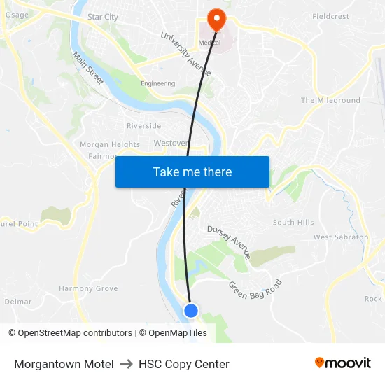 Morgantown Motel to HSC Copy Center map