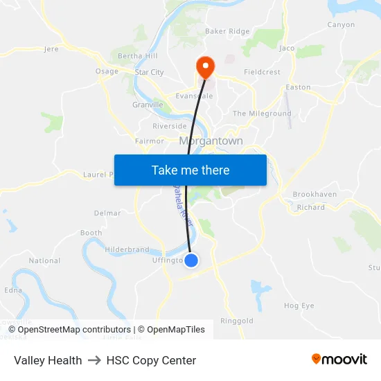 Valley Health to HSC Copy Center map