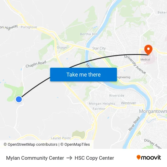 Mylan Community Center to HSC Copy Center map
