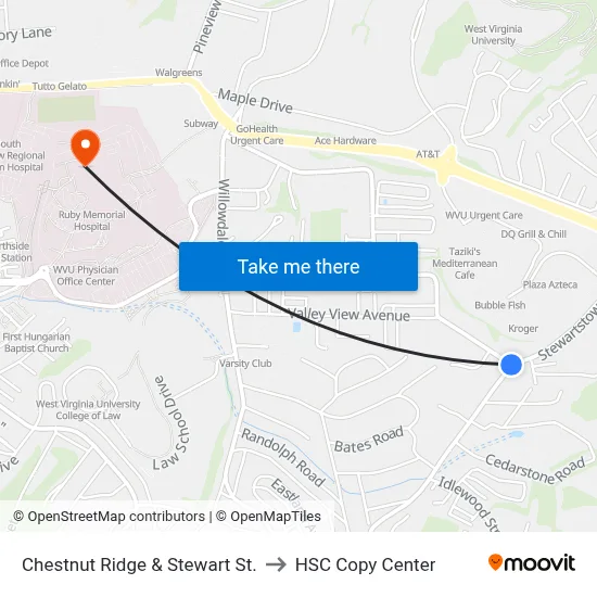 Chestnut Ridge & Stewart St. to HSC Copy Center map