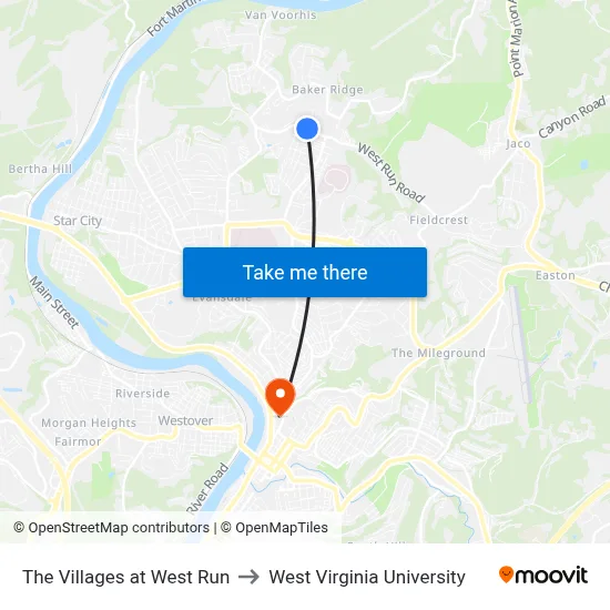 The Villages at West Run to West Virginia University map
