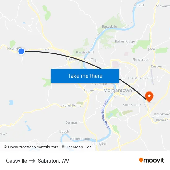 Cassville to Sabraton, WV map