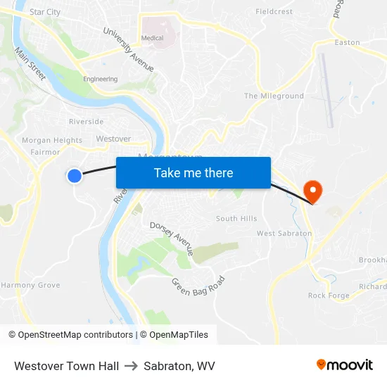Westover Town Hall to Sabraton, WV map