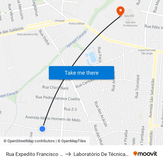 Rua Expedito Francisco Da Silva, 829 to Laboratório De Técnicas Alimentares map