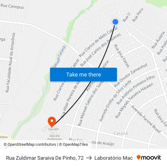 Rua Zuldimar Saraiva De Pinho, 72 to Laboratório Mac map