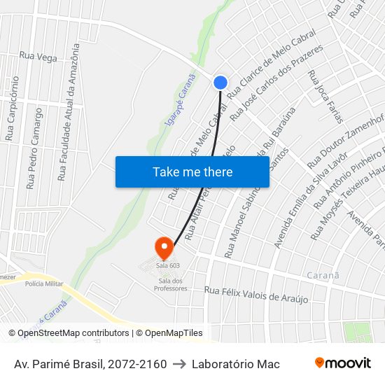 Av. Parimé Brasil, 2072-2160 to Laboratório Mac map