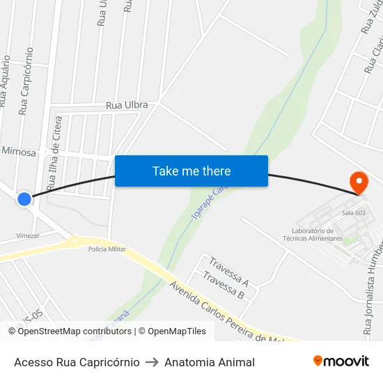 Acesso Rua Capricórnio to Anatomia Animal map