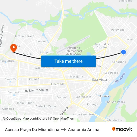 Acesso Praça Do Mirandinha to Anatomia Animal map