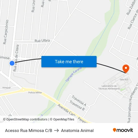 Acesso Rua Mimosa C/B to Anatomia Animal map