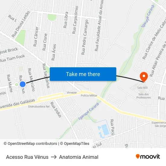 Acesso Rua Vênus to Anatomia Animal map