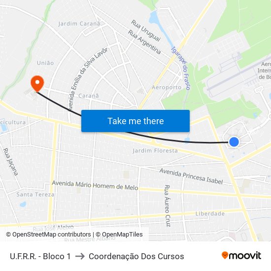 U.F.R.R. - Bloco 1 to Coordenação Dos Cursos map