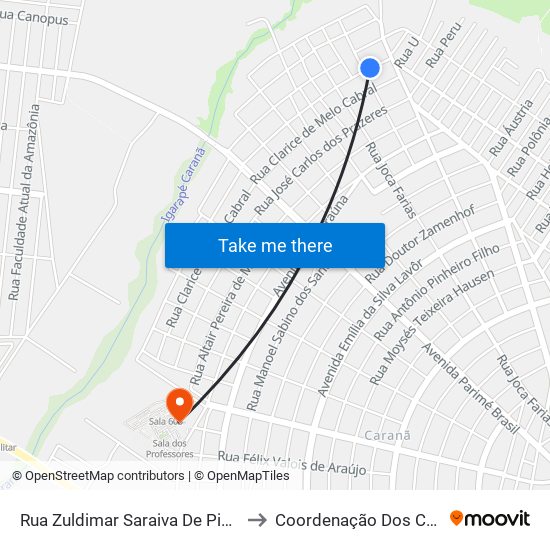 Rua Zuldimar Saraiva De Pinho, 72 to Coordenação Dos Cursos map