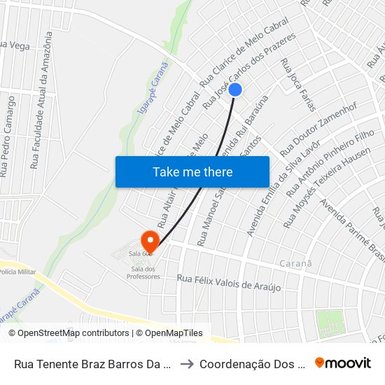 Rua Tenente Braz Barros Da Silva, 181 to Coordenação Dos Cursos map