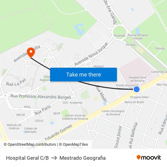 Hospital Geral C/B to Mestrado Geografia map