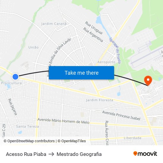 Acesso Rua Piaba to Mestrado Geografia map
