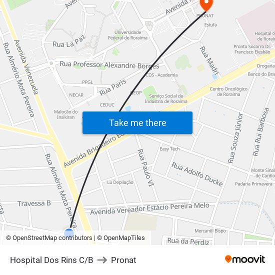 Hospital Dos Rins C/B to Pronat map