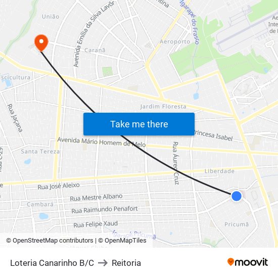 Loteria Canarinho B/C to Reitoria map