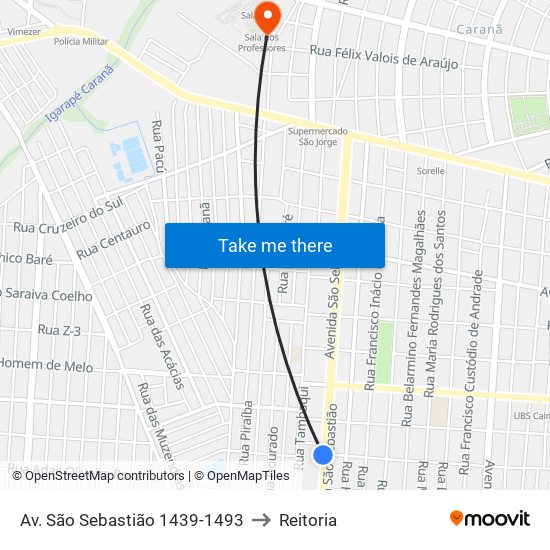 Av. São Sebastião 1439-1493 to Reitoria map