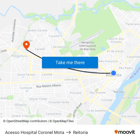 Acesso Hospital Coronel Mota to Reitoria map