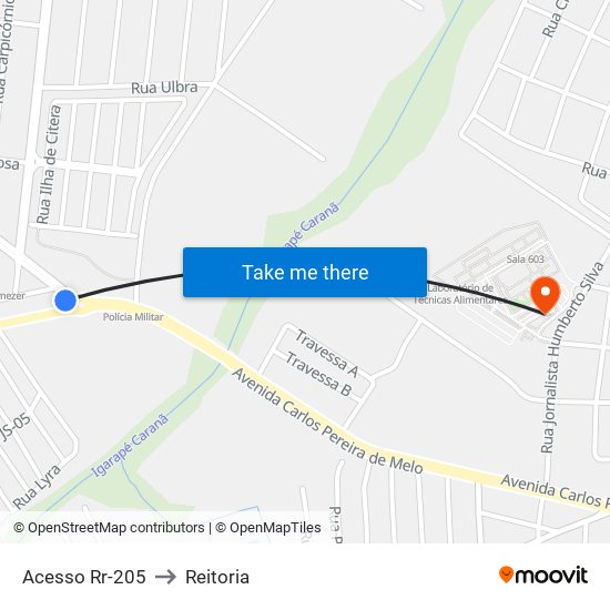 Acesso Rr-205 to Reitoria map
