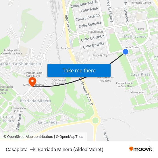 Casaplata to Barriada Minera (Aldea Moret) map