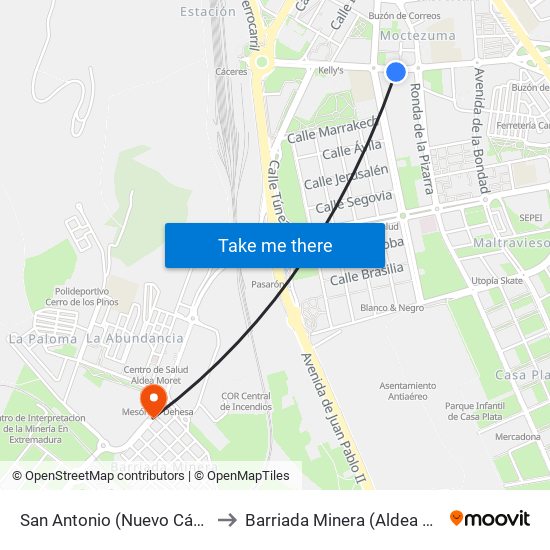 San Antonio (Nuevo Cáceres) to Barriada Minera (Aldea Moret) map