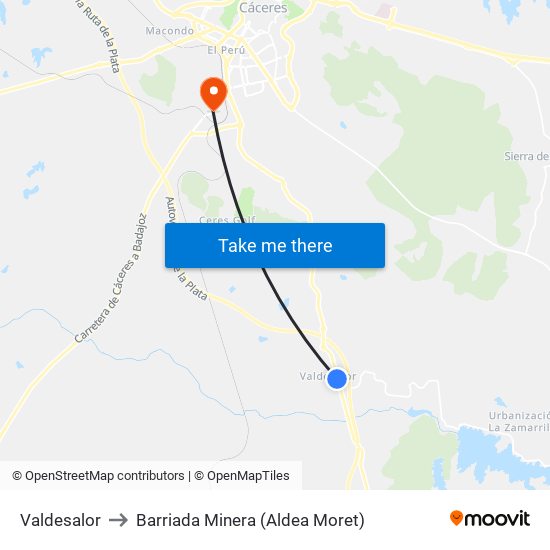 Valdesalor to Barriada Minera (Aldea Moret) map