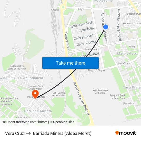 Vera Cruz to Barriada Minera (Aldea Moret) map