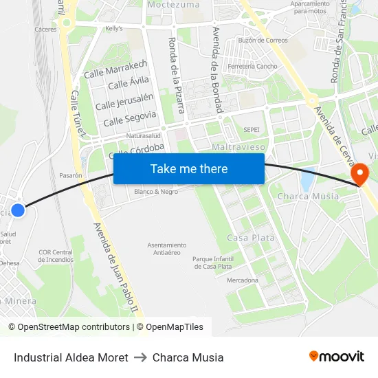 Industrial Aldea Moret to Charca Musia map