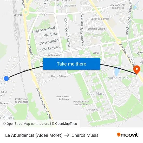 La Abundancia (Aldea Moret) to Charca Musia map