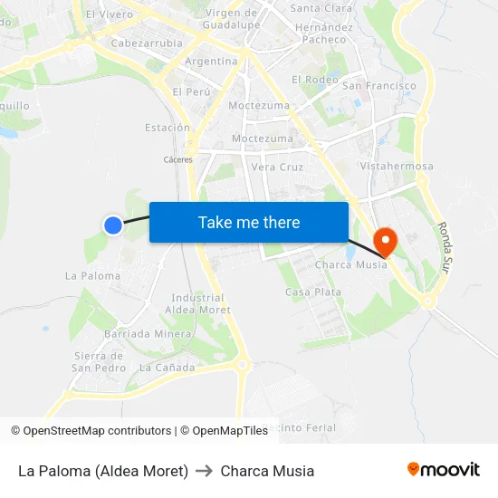 La Paloma (Aldea Moret) to Charca Musia map