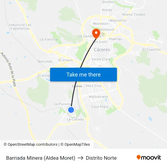 Barriada Minera (Aldea Moret) to Distrito Norte map