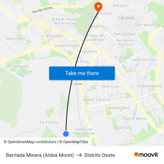 Barriada Minera (Aldea Moret) to Distrito Oeste map