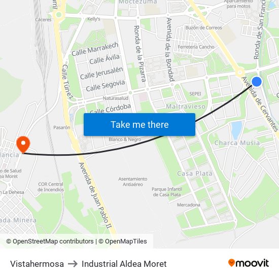 Vistahermosa to Industrial Aldea Moret map