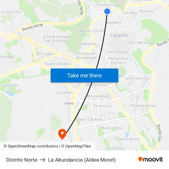 Distrito Norte to La Abundancia (Aldea Moret) map