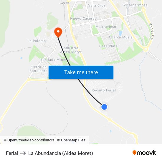 Ferial to La Abundancia (Aldea Moret) map